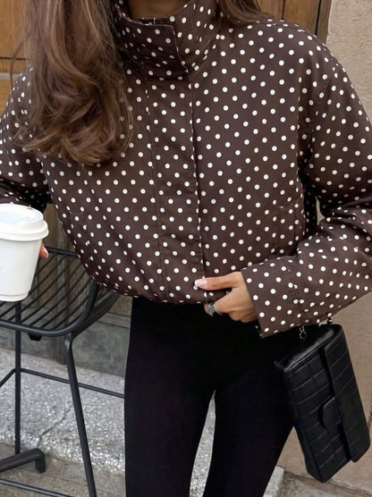 Polka Dot Zip Jacket Stand Collar Pocket Loose Coat