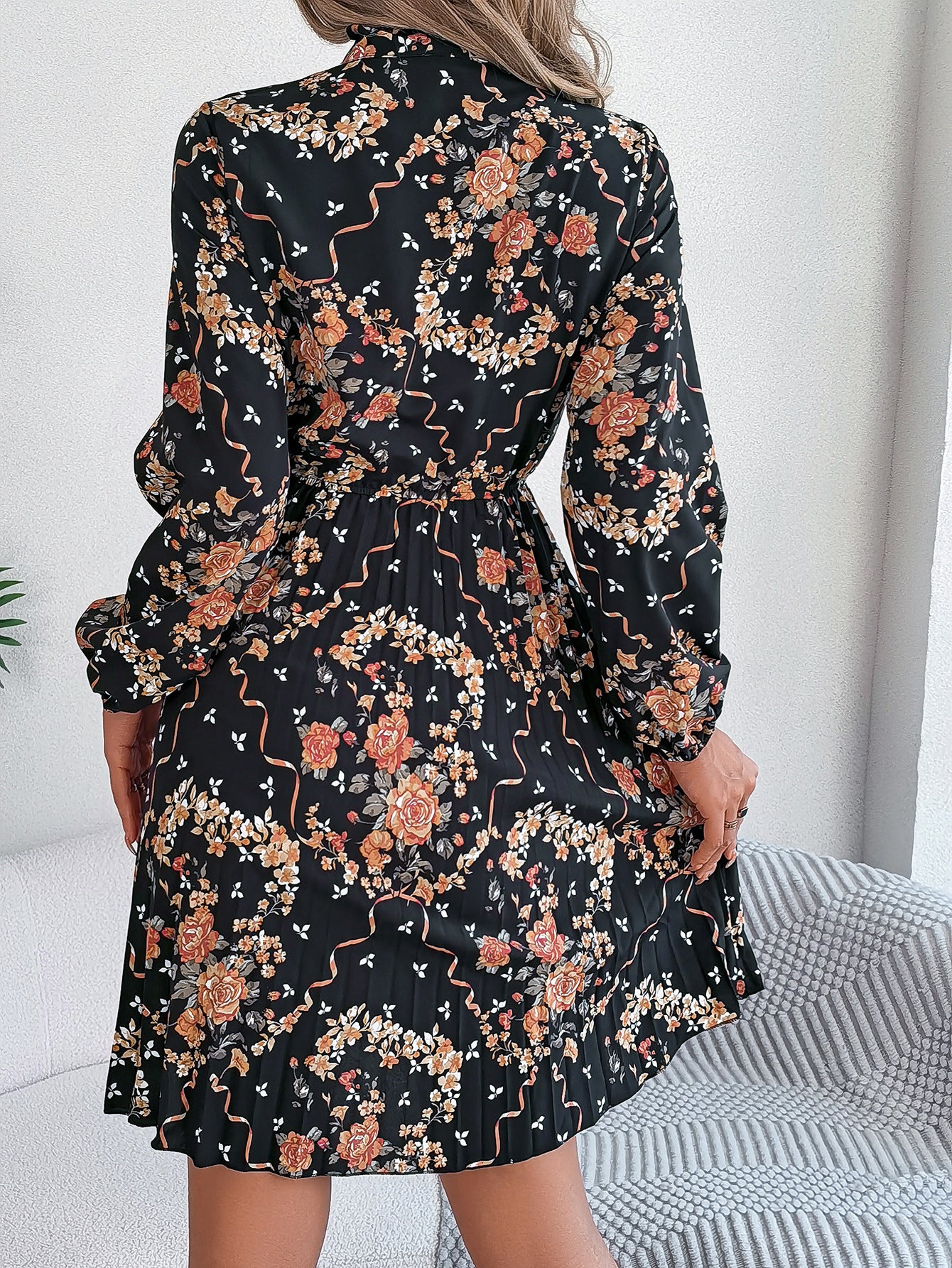 Floral Tie Neck Long Sleeve Pleated Midi Dress