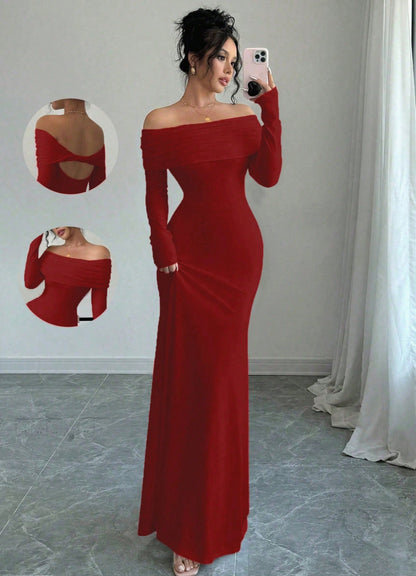 Off Shoulder Cutout Back Ruched Bodycon Maxi Dress