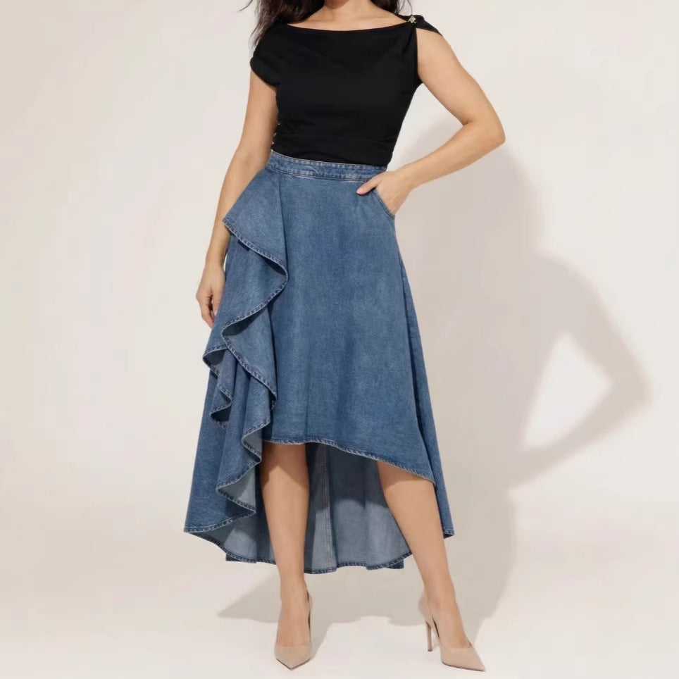 Asymmetric Ruffle Denim Midi Skirt