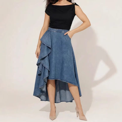 Asymmetric Ruffle Denim Midi Skirt