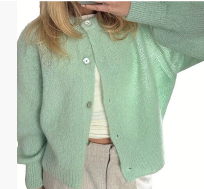 Oversized Pastel Crew Neck Button Front Knit Cardigan