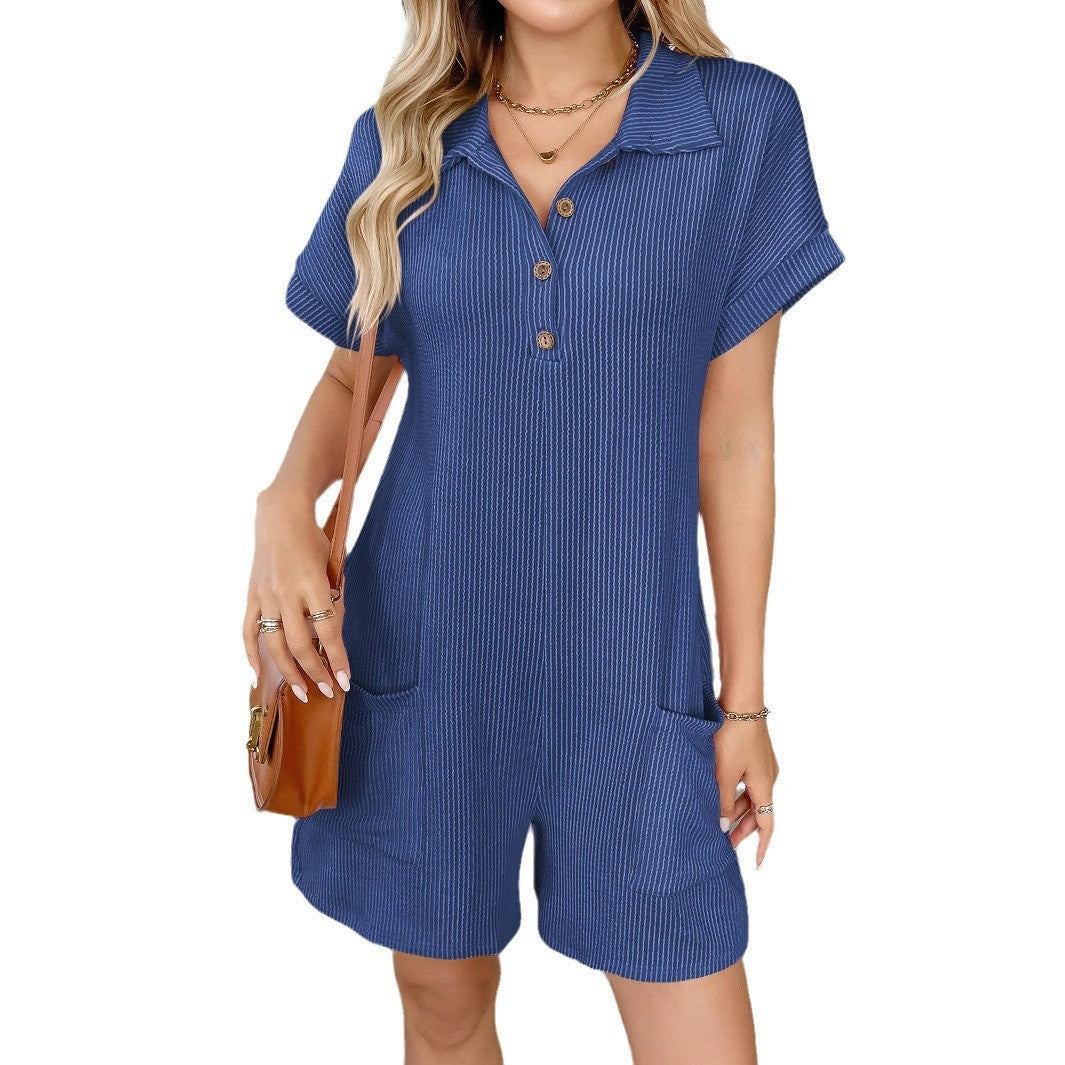 Ribbed Collared Button Romper Loose Pocket Lounge Outfit