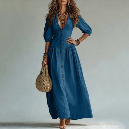 Cotton Button Down Maxi Dress Puff Sleeve V Neck Summer