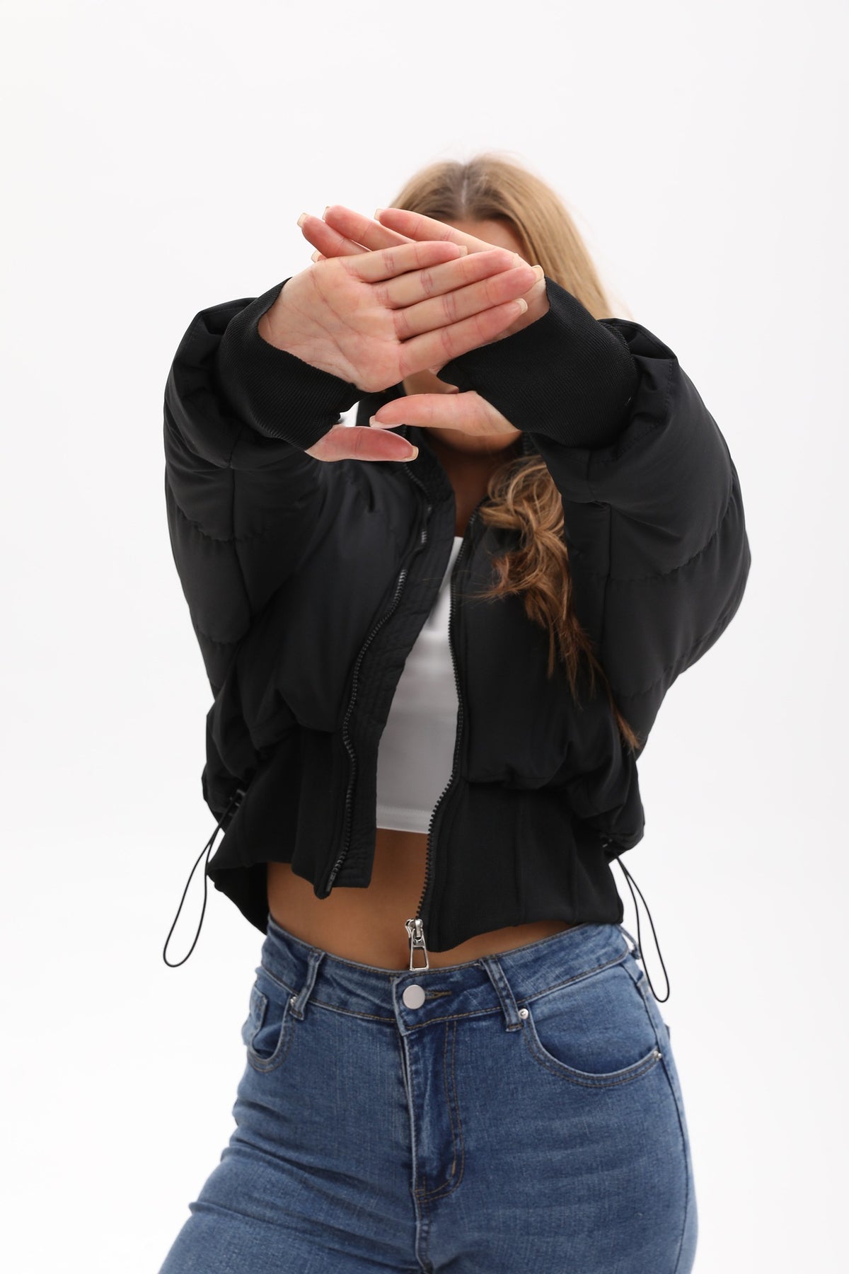 Women's Faux Fur Hood Cropped Cinch Waist Puffer Jacket