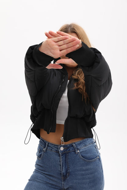 Women's Faux Fur Hood Cropped Cinch Waist Puffer Jacket