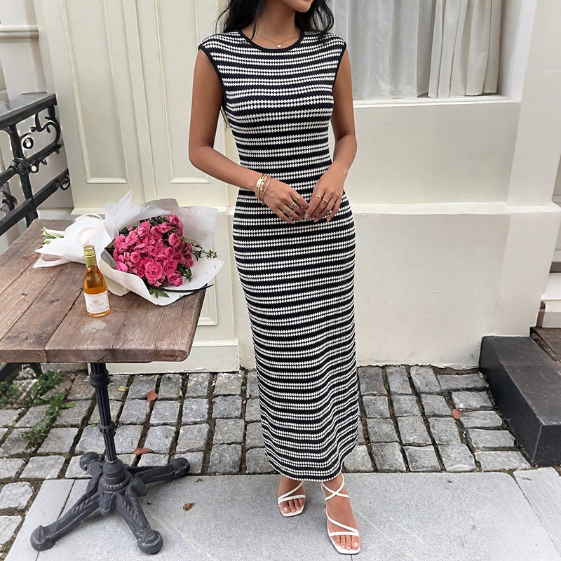 Striped Sleeveless Ribbed Knit Bodycon Maxi Dress