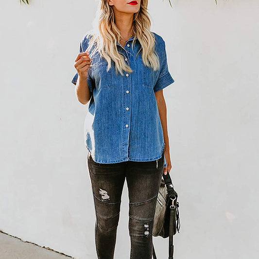 Loose Fit Denim Shirt Women Collared Short Sleeve Top