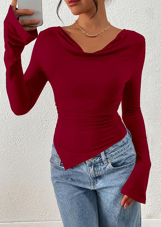Women's Cowl Neck Long Sleeve Asymmetric Fitted Top