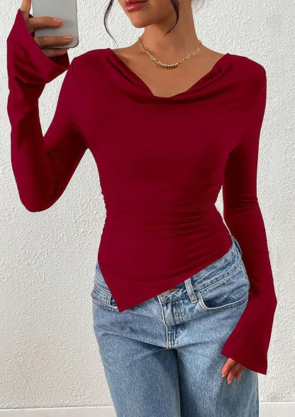 Women's Cowl Neck Long Sleeve Asymmetric Fitted Top