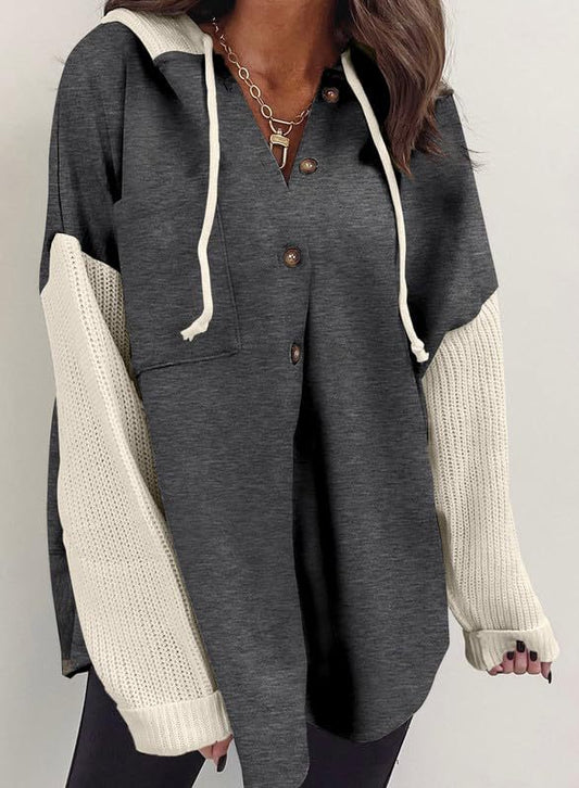 Women's Gray Colorblock Knit Sleeve Hooded Button Down Shirt