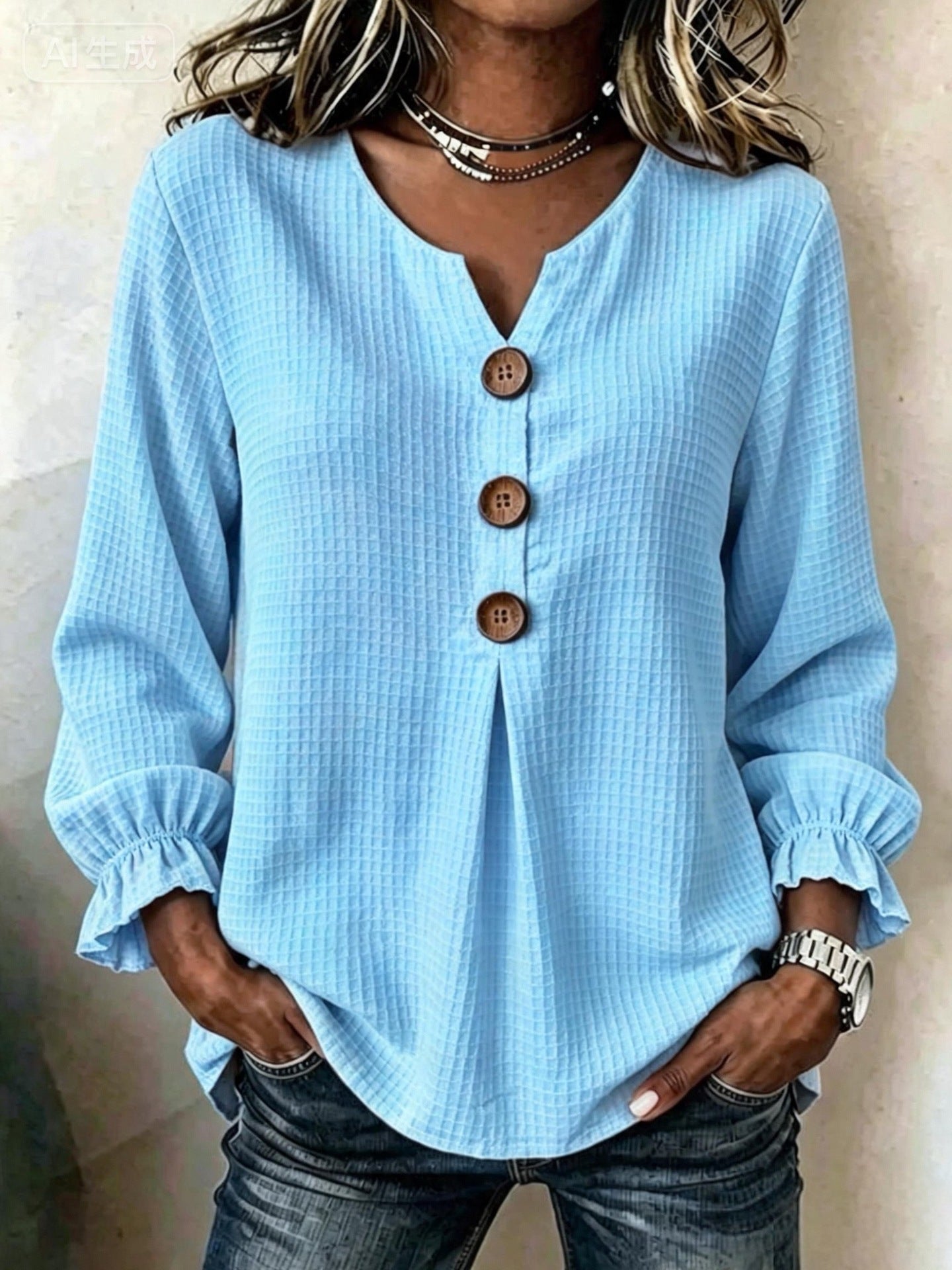 Women's Waffle Knit V Neck Ruffle Sleeve Button Front Top