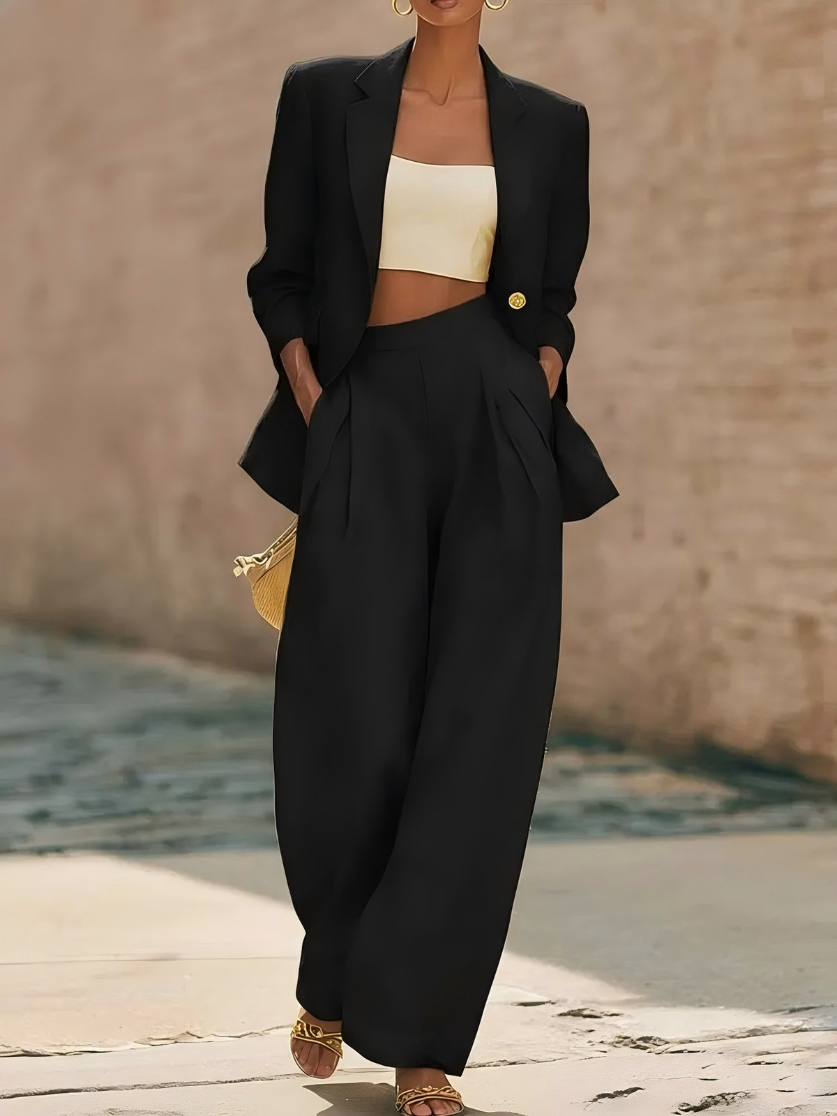 Women's Solid Blazer Wide Leg Pants Two Piece Matching Set