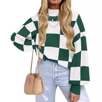 Women's Checkered Mock Neck Balloon Sleeve Sweater
