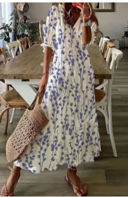 Women's Boho Floral V-Neck Tassel Maxi Dress Flowy