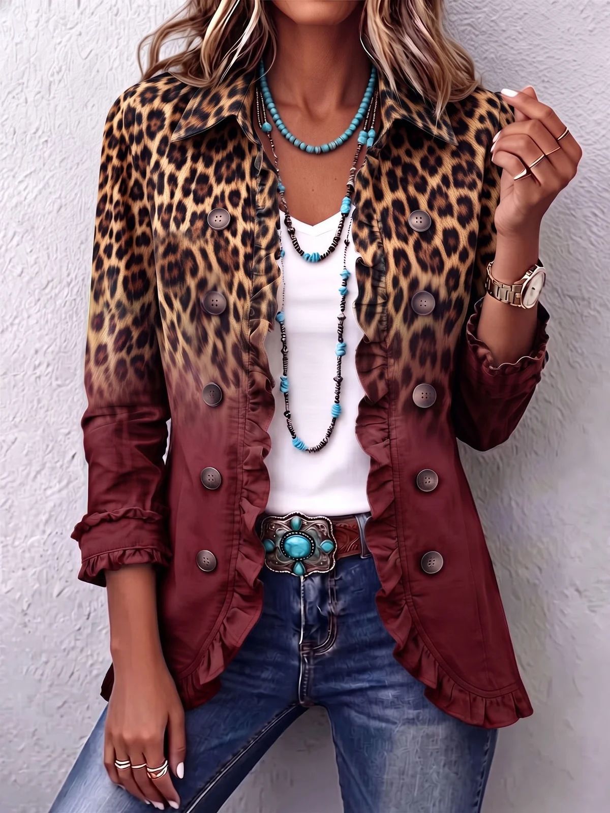Women's Leopard Ruffle Button Down Long Sleeve Cardigan