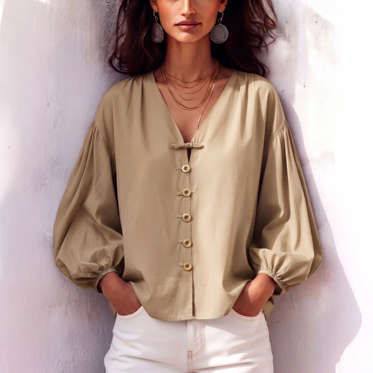 Women's V Neck Balloon Sleeve Button Front Blouse