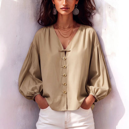 Women's V Neck Balloon Sleeve Button Front Blouse