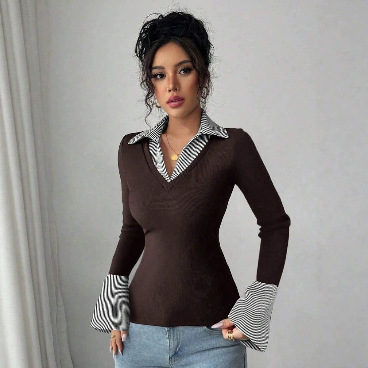 Faux Layered Collared Knit Top V Neck Long Sleeve Tee