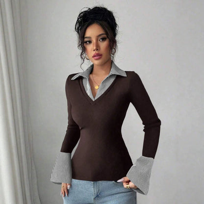 Faux Layered Collared Knit Top V Neck Long Sleeve Tee