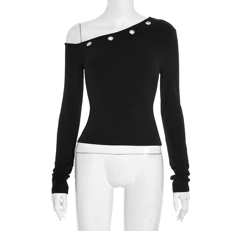 Sexy One Shoulder Grommet Crop Top Long Sleeve