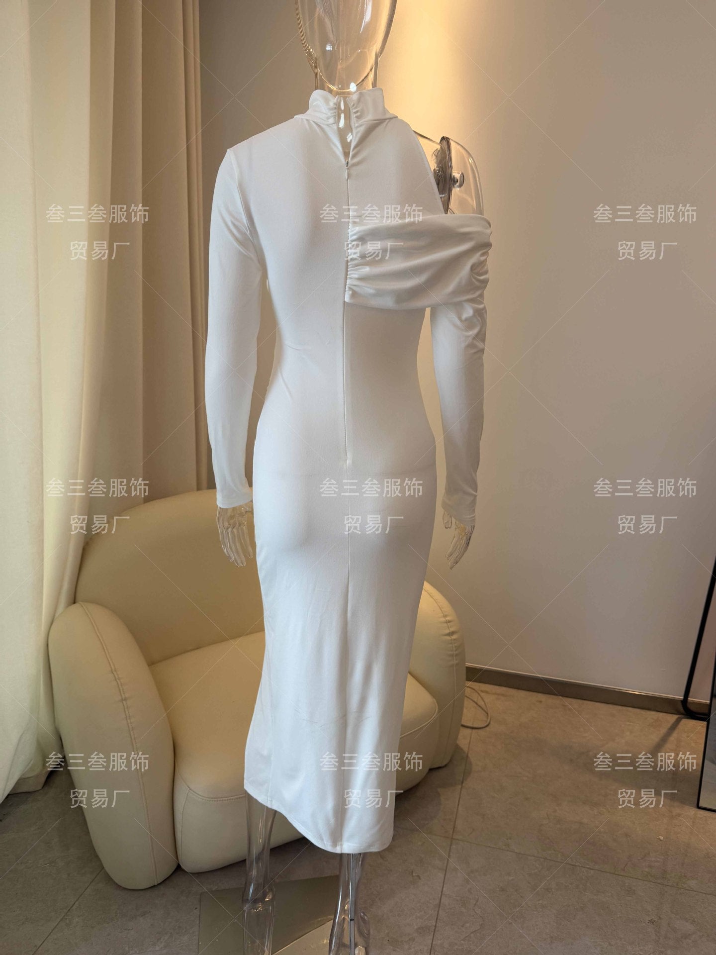 Ruched Off Shoulder Mock Neck Slit Midi Dress