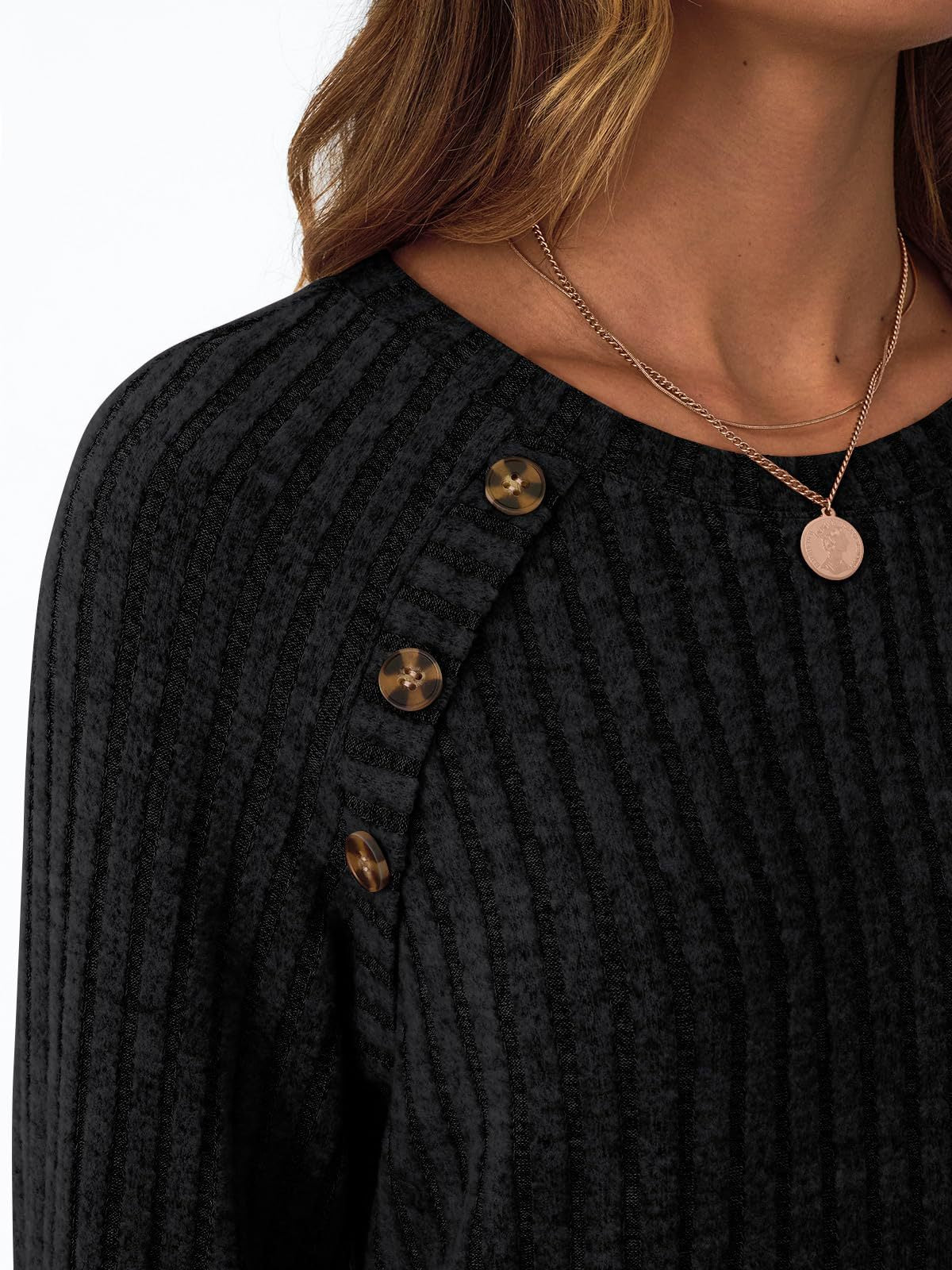Ribbed Knit Crewneck Sweatshirt with Button Detail