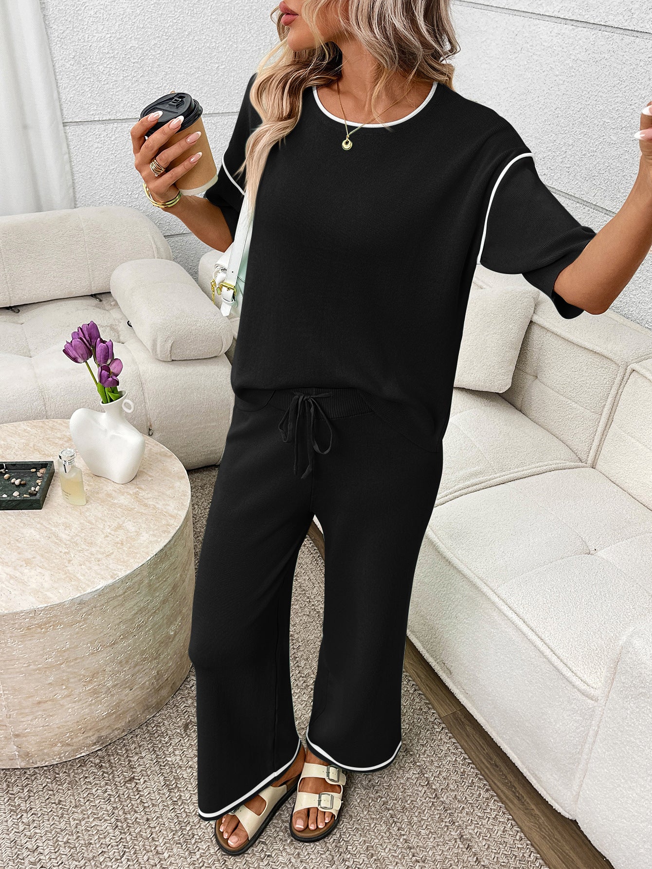 Mint Knit Lounge Set Short Sleeve Top Wide Leg Pants