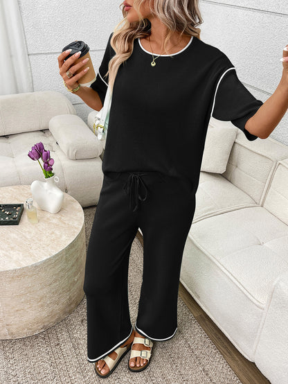 Mint Knit Lounge Set Short Sleeve Top Wide Leg Pants