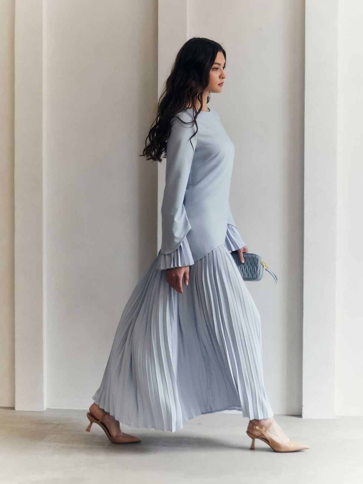 Women's Pleated Maxi Skirt Set Bell Sleeve