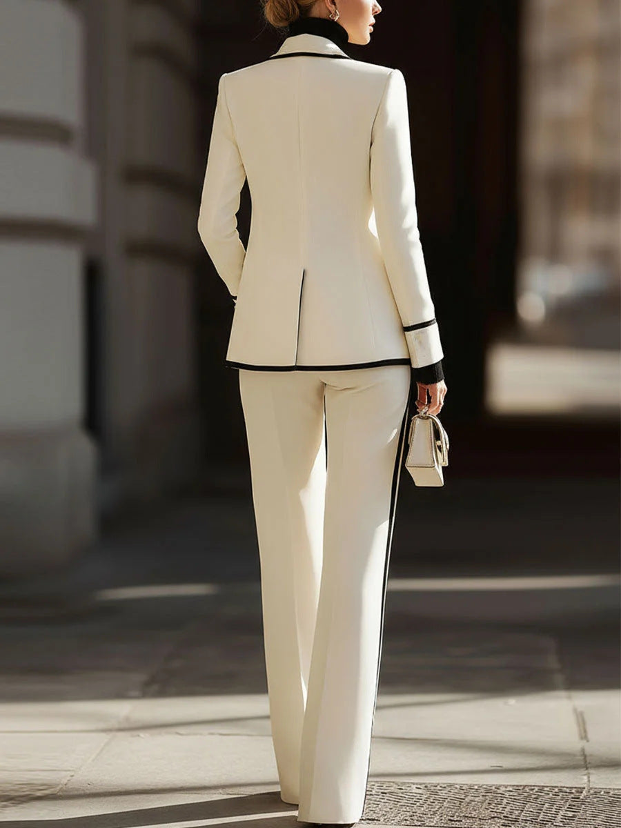 Women's Contrast Trim Blazer Wide Leg Pants Suit Set