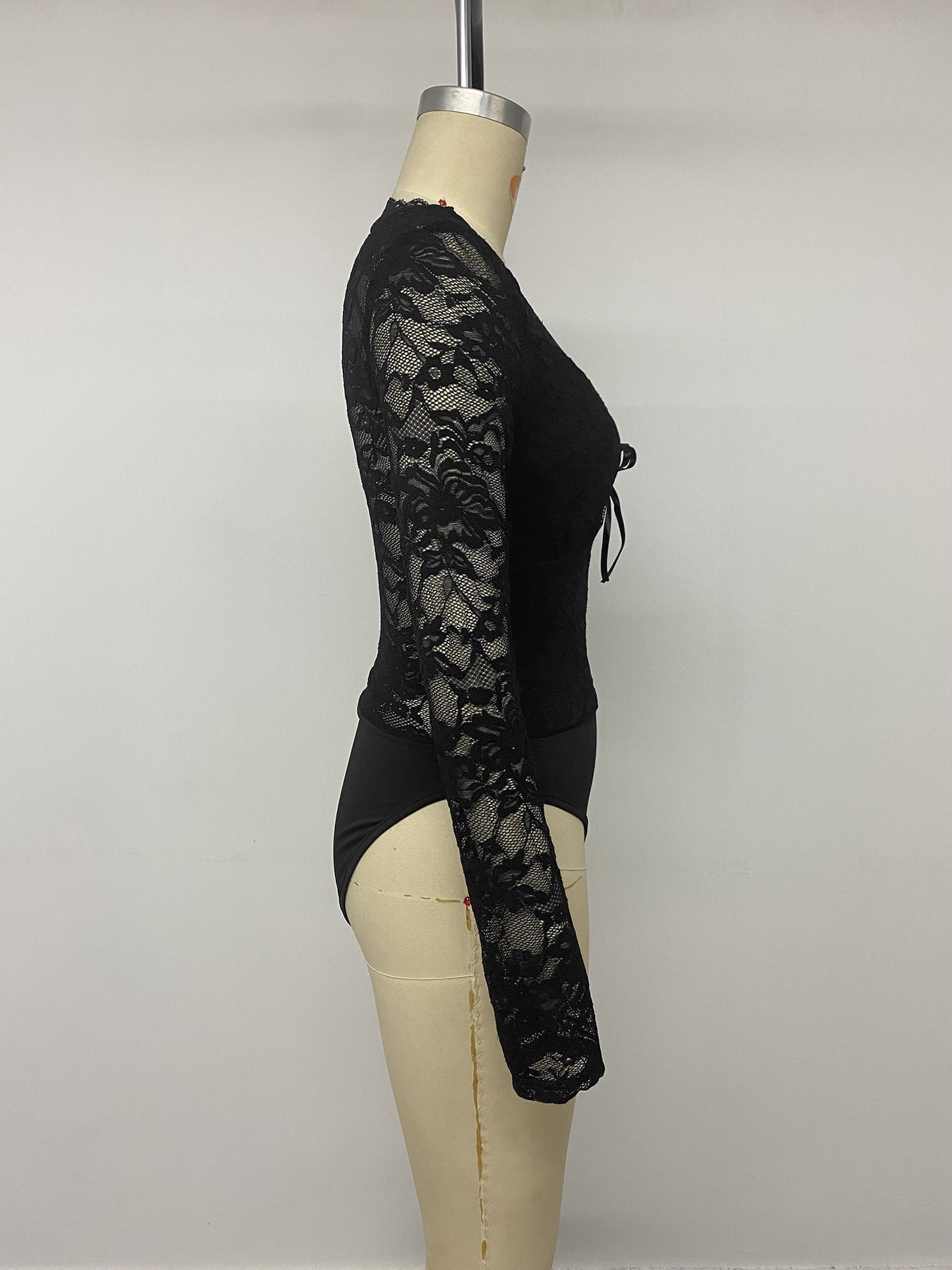 Sexy Black Lace V Neck Long Sleeve Bodysuit