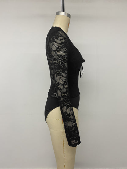 Sexy Black Lace V Neck Long Sleeve Bodysuit