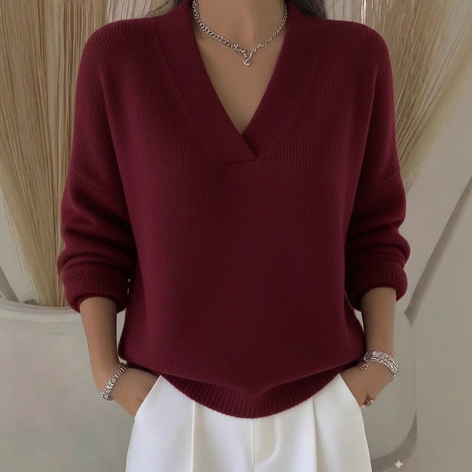 Women’s Oversized V Neck Knit Sweater Soft Pullover