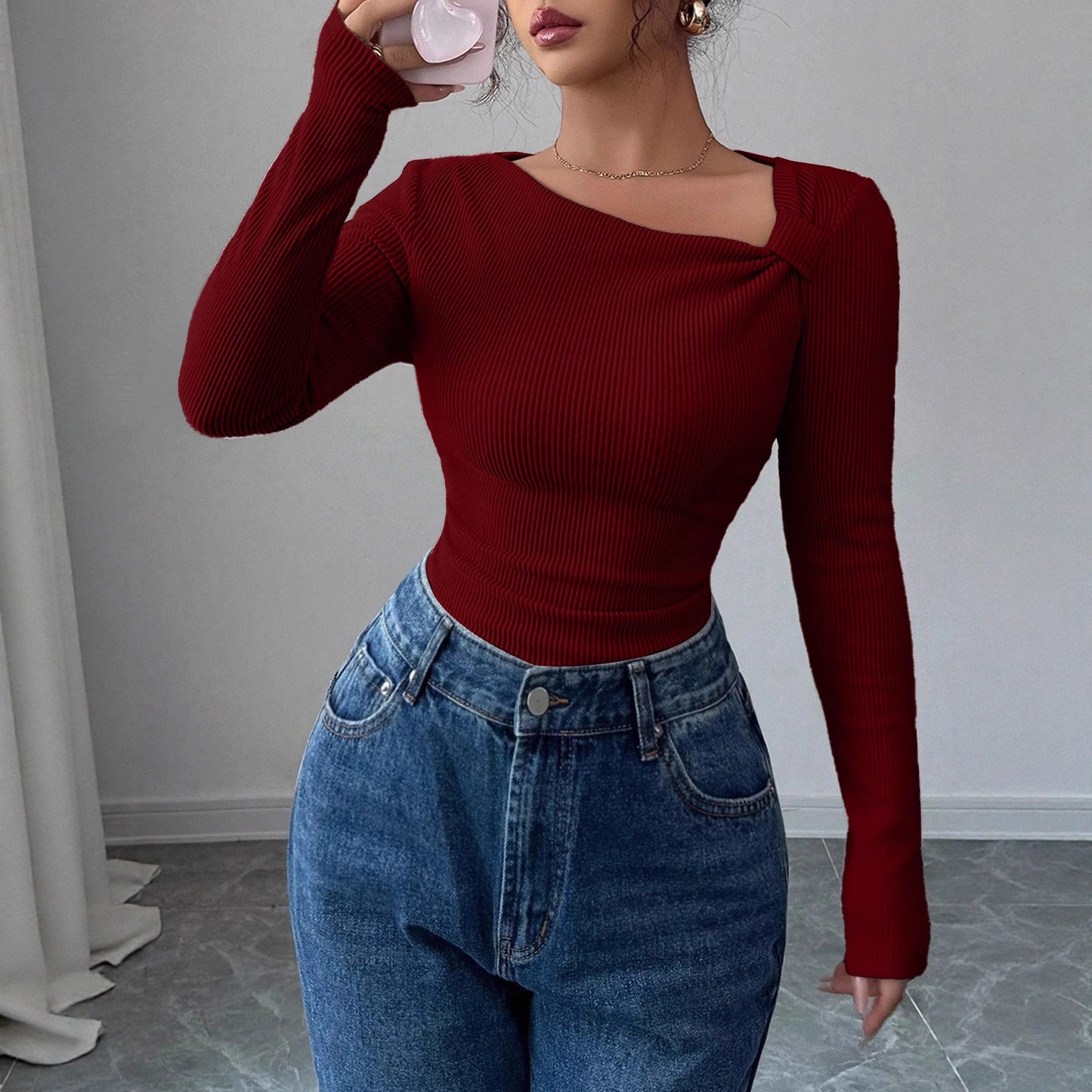 Women's Asymmetrical Neck Ruched Ribbed Long Sleeve Top