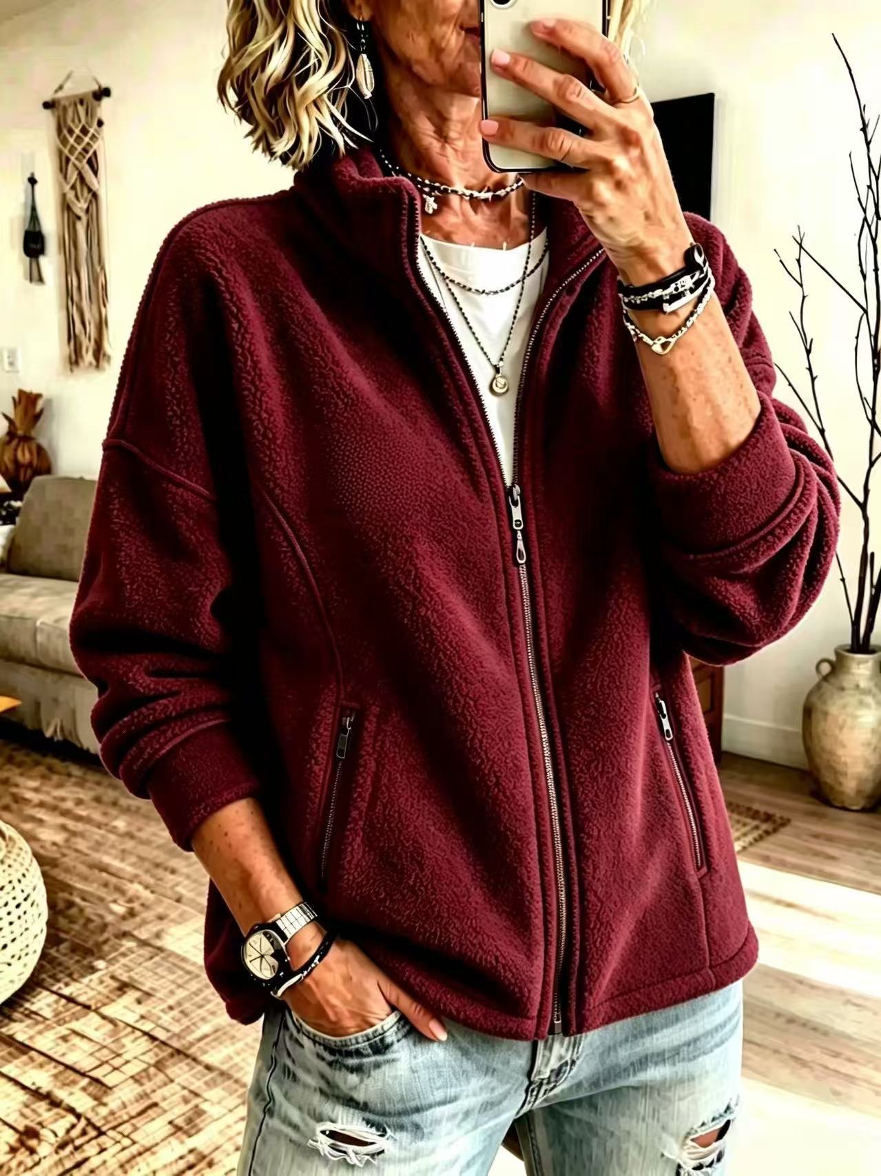 Women's Oversized Fleece Full Zip Jacket Stand Collar