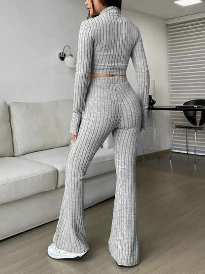 Women's Ribbed Zip Up Crop Top & High Waist Flare Pants Set