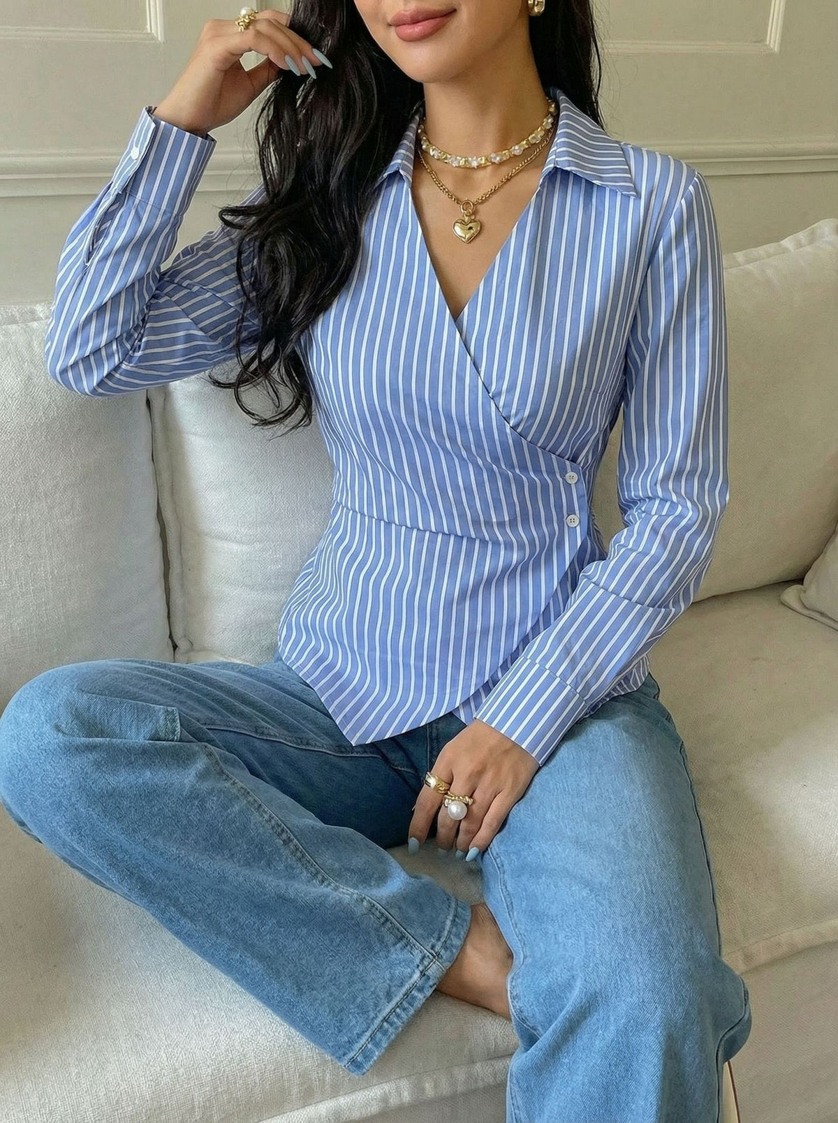 Women's Striped Wrap Blouse Asymmetric Hem Work Top