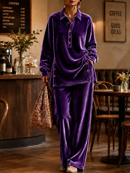 Women's Velvet Lounge Set Casual Button Two Piece Pants