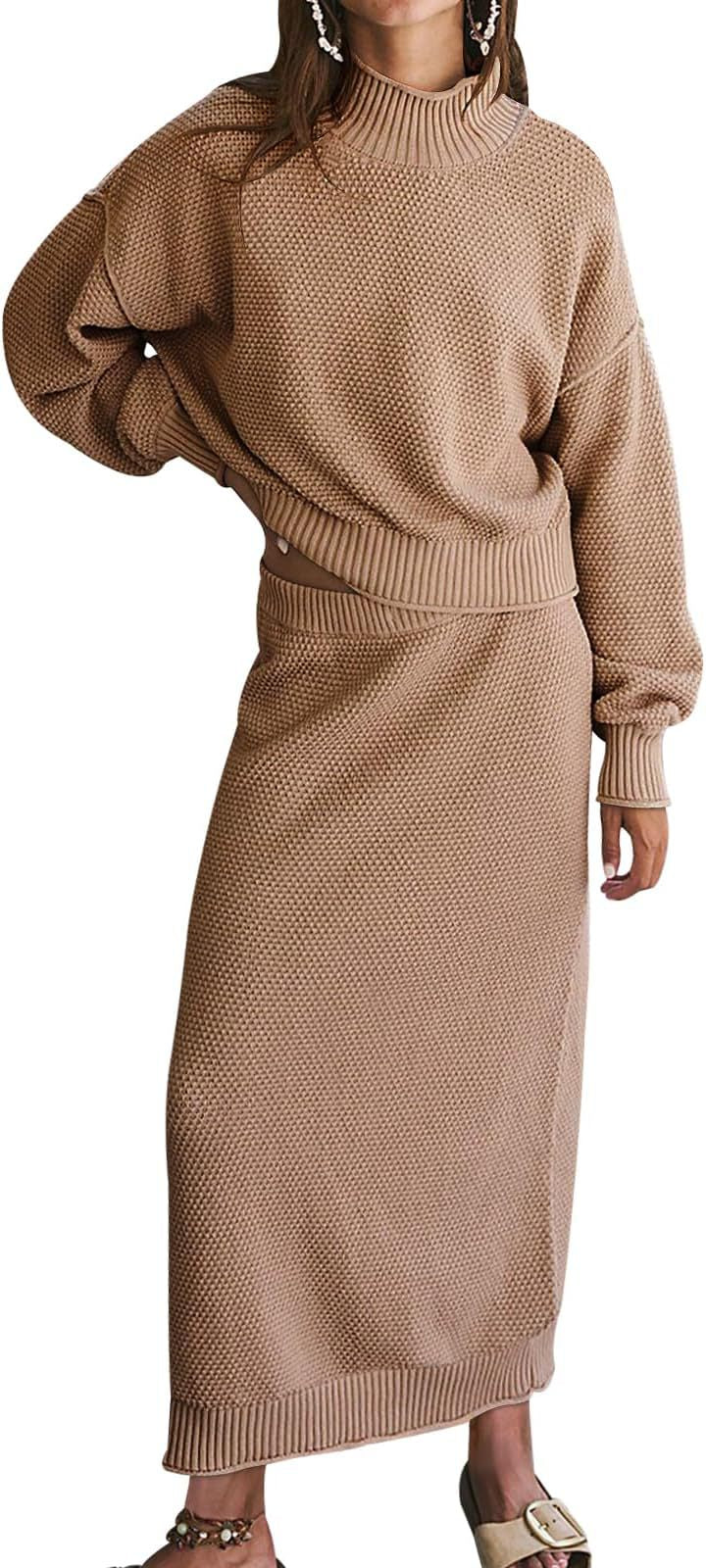 Women's Knit Two Piece Set Mock Neck Sweater Midi Skirt