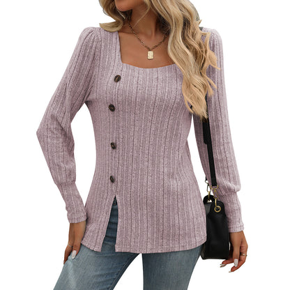 Long Sleeve Top with Square Collar and Pit Strip Detail in Solid Color