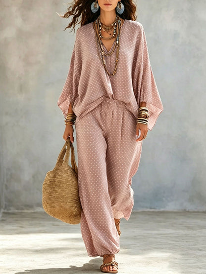 Boho Polka Dot Batwing Top and Jogger Pants Lounge Set