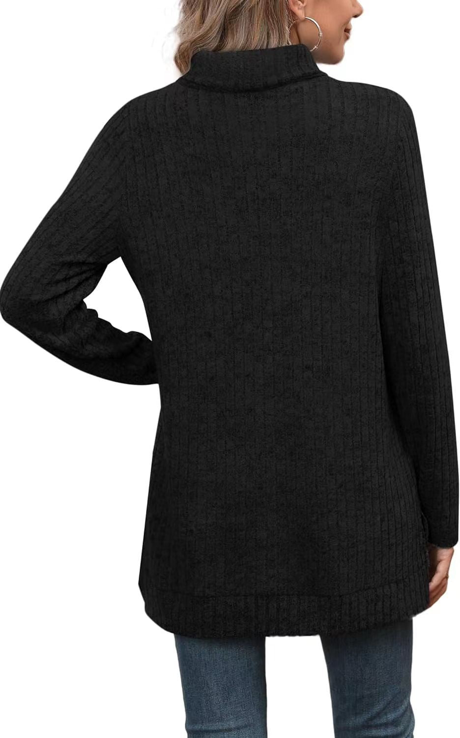 Oversized Ribbed Turtleneck Tunic Top Side Split
