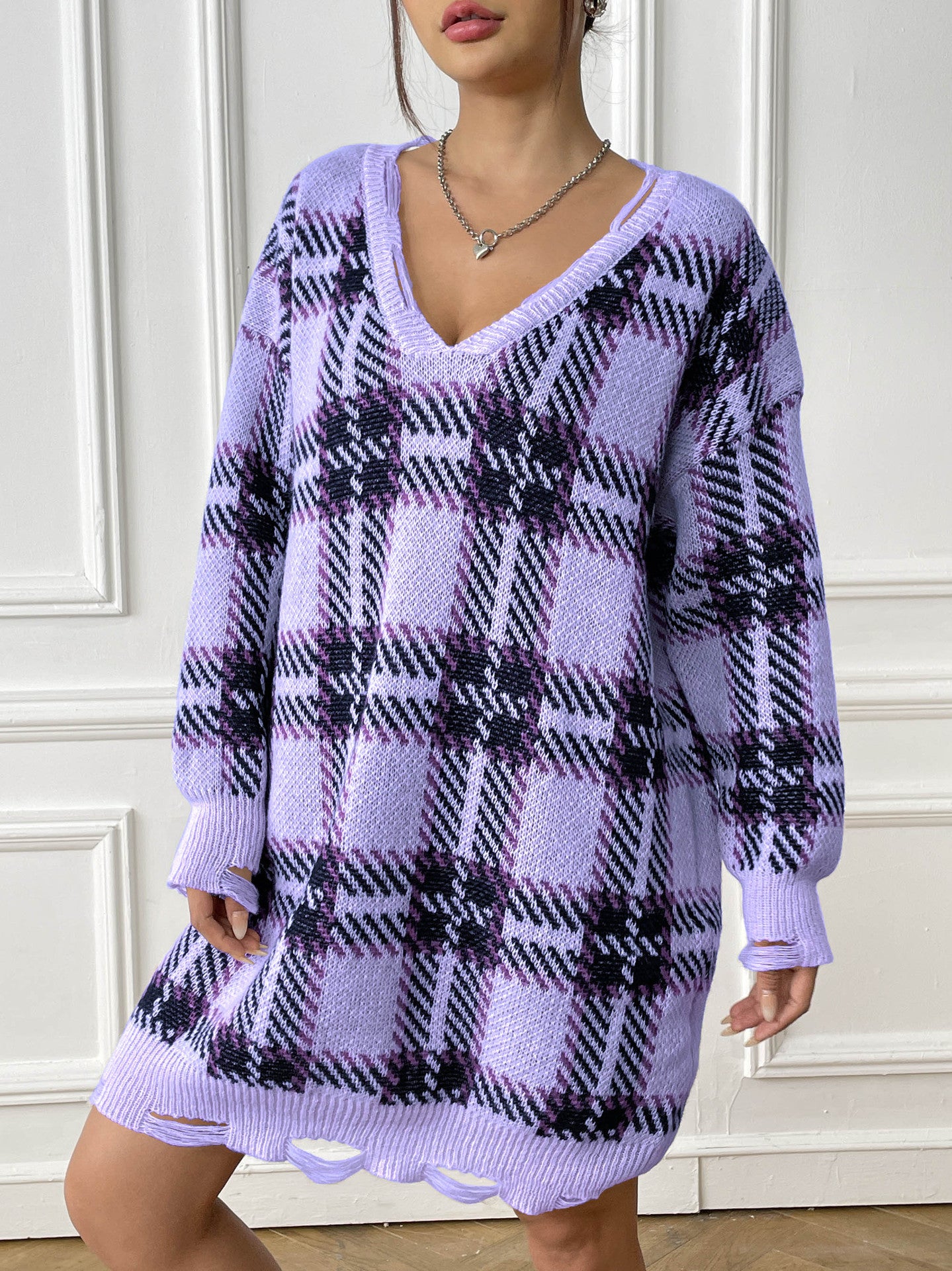 Women's Contrasting Color Splicing Plaid Dress V-neck Long Sleeve