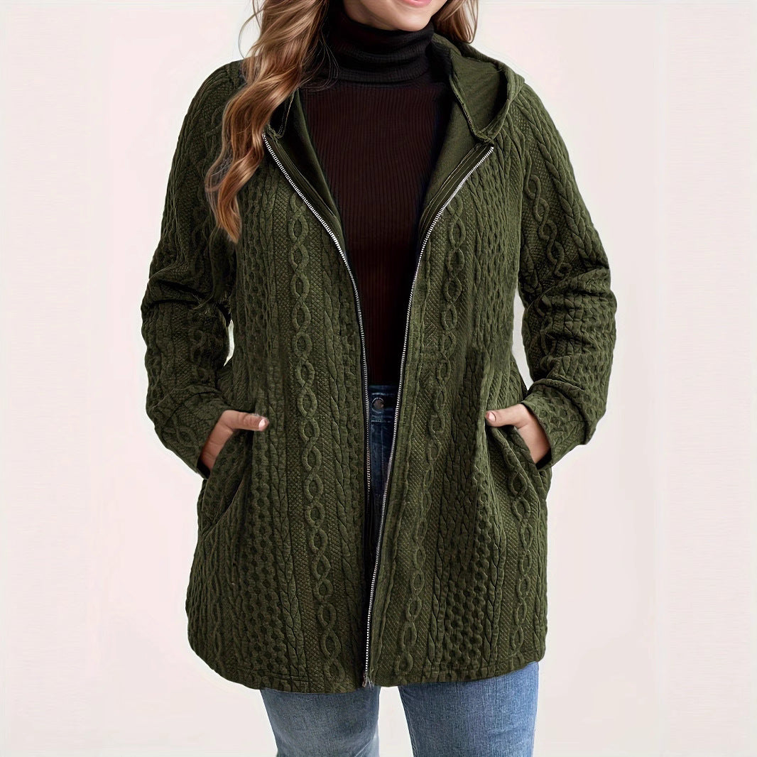 Plus Size Hooded Cable Knit Zip Jacket Pockets