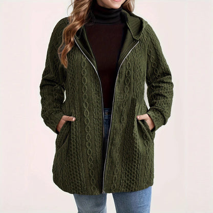 Plus Size Hooded Cable Knit Zip Jacket Pockets