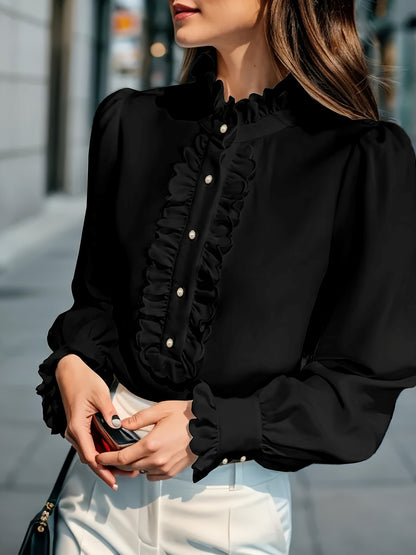 Women's Ruffled Puff Sleeve Button Up Blouse