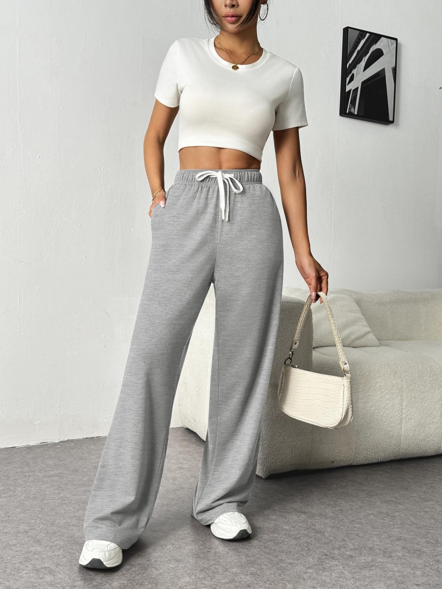 Cotton High-Waist Wide-Leg Jogger Pants Casual Lounge