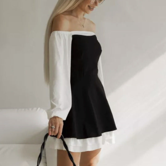 Black White Square Neck Puff Sleeve Ruffle A-Line Dress
