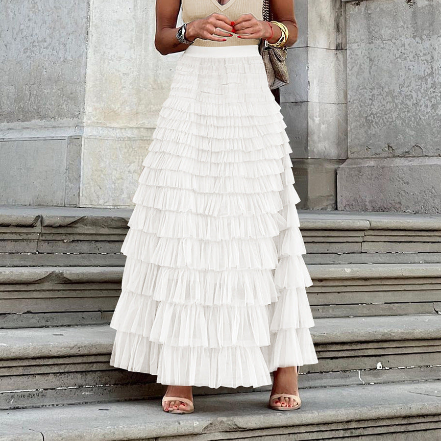 High-Waist Mesh Cake Skirt, Elegant Solid Color Fluffy Long Skirt